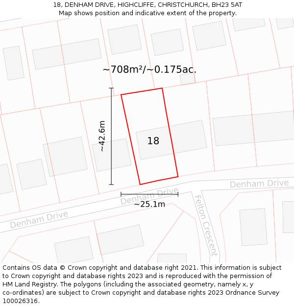 18, DENHAM DRIVE, HIGHCLIFFE, CHRISTCHURCH, BH23 5AT: Plot and title map
