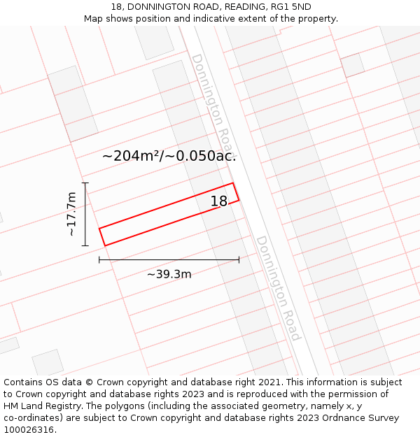 18, DONNINGTON ROAD, READING, RG1 5ND: Plot and title map