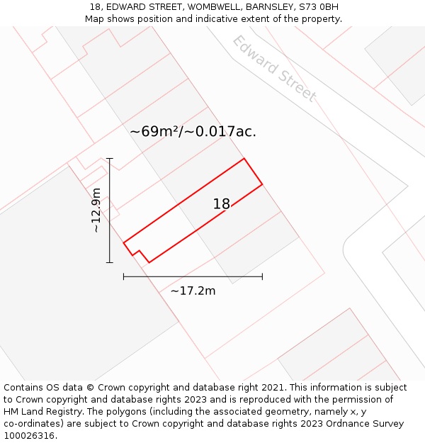 18, EDWARD STREET, WOMBWELL, BARNSLEY, S73 0BH: Plot and title map
