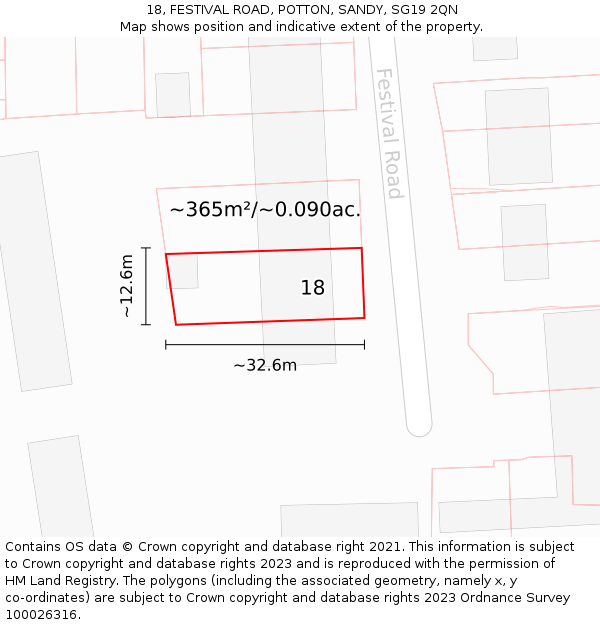 18, FESTIVAL ROAD, POTTON, SANDY, SG19 2QN: Plot and title map