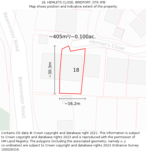 18, HEMLETS CLOSE, BRIDPORT, DT6 3FB: Plot and title map