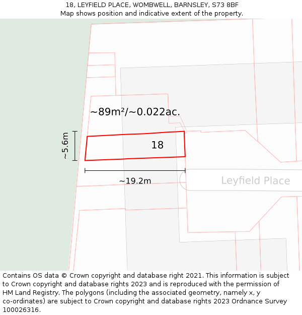 18, LEYFIELD PLACE, WOMBWELL, BARNSLEY, S73 8BF: Plot and title map
