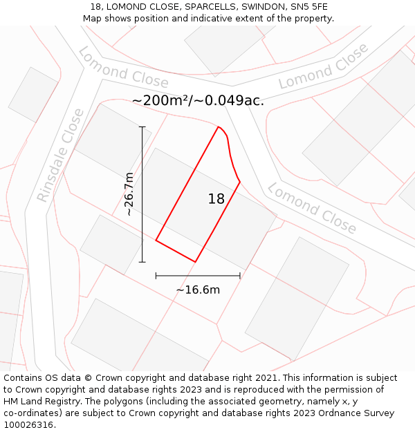 18, LOMOND CLOSE, SPARCELLS, SWINDON, SN5 5FE: Plot and title map