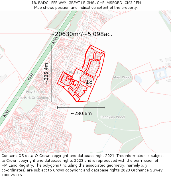 18, RADCLIFFE WAY, GREAT LEIGHS, CHELMSFORD, CM3 1FN: Plot and title map