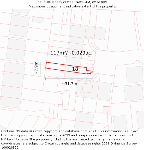 18, SHRUBBERY CLOSE, FAREHAM, PO16 9BX: Plot and title map