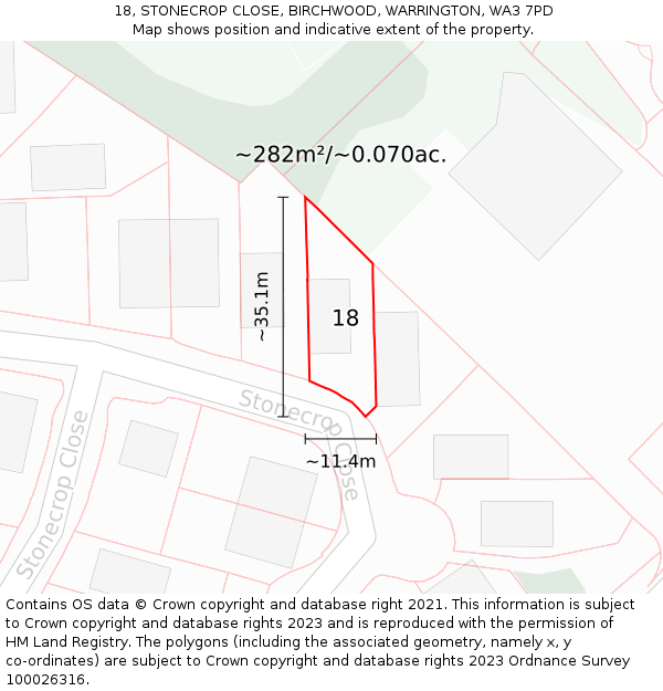 18, STONECROP CLOSE, BIRCHWOOD, WARRINGTON, WA3 7PD: Plot and title map