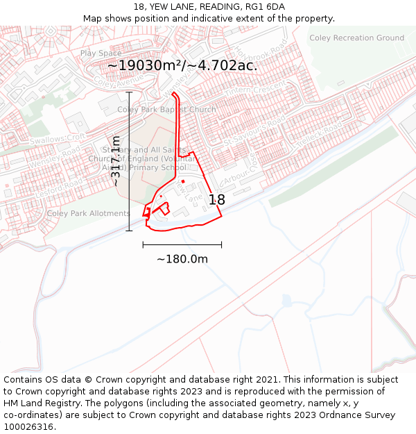 18, YEW LANE, READING, RG1 6DA: Plot and title map