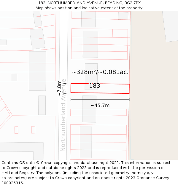 183, NORTHUMBERLAND AVENUE, READING, RG2 7PX: Plot and title map