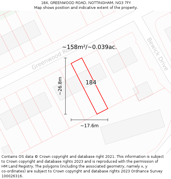 184, GREENWOOD ROAD, NOTTINGHAM, NG3 7FY: Plot and title map