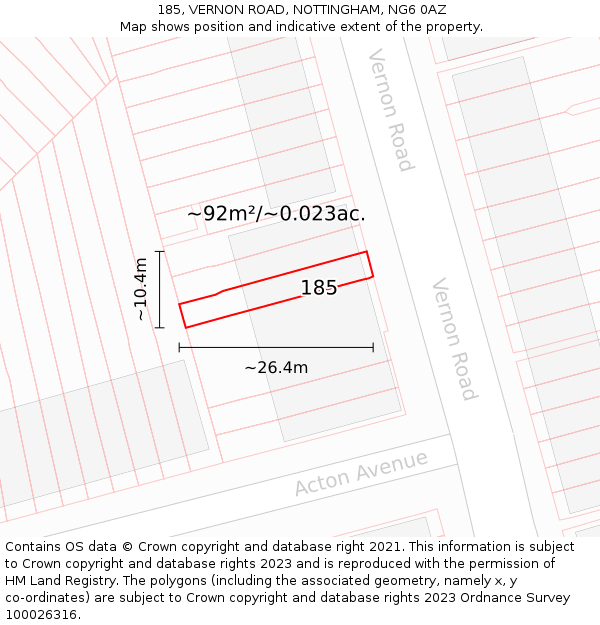 185, VERNON ROAD, NOTTINGHAM, NG6 0AZ: Plot and title map