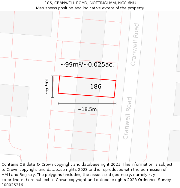 186, CRANWELL ROAD, NOTTINGHAM, NG8 6NU: Plot and title map