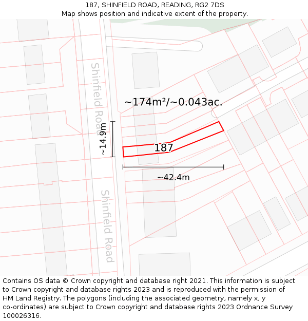 187, SHINFIELD ROAD, READING, RG2 7DS: Plot and title map