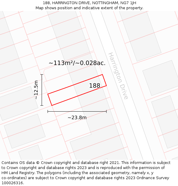 188, HARRINGTON DRIVE, NOTTINGHAM, NG7 1JH: Plot and title map