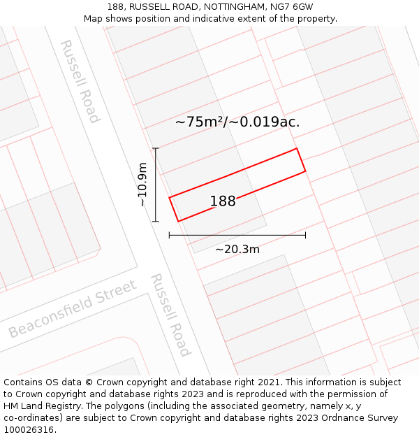 188, RUSSELL ROAD, NOTTINGHAM, NG7 6GW: Plot and title map