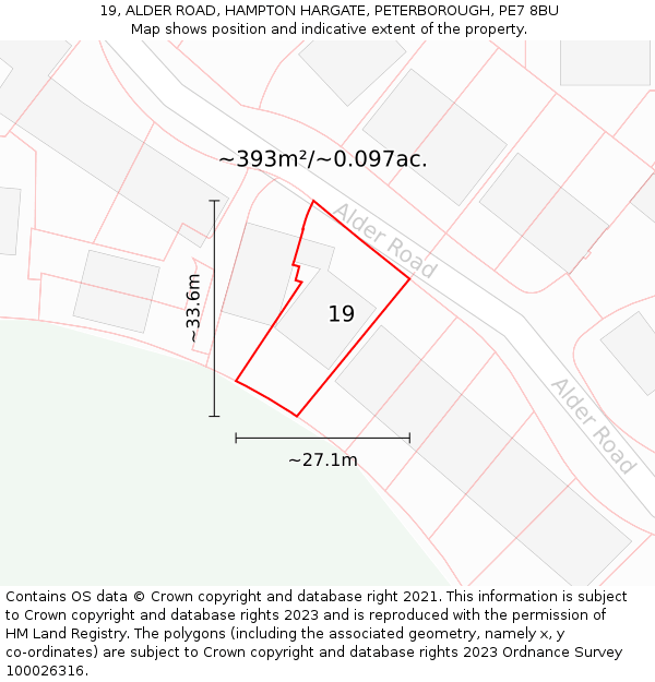 19, ALDER ROAD, HAMPTON HARGATE, PETERBOROUGH, PE7 8BU: Plot and title map
