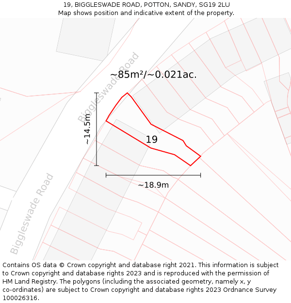 19, BIGGLESWADE ROAD, POTTON, SANDY, SG19 2LU: Plot and title map