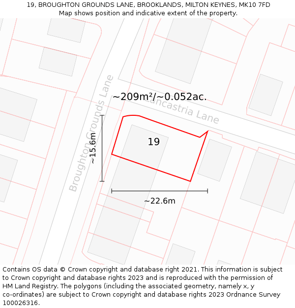 19, BROUGHTON GROUNDS LANE, BROOKLANDS, MILTON KEYNES, MK10 7FD: Plot and title map