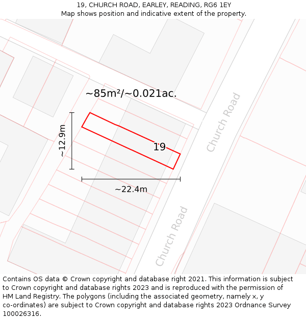 19, CHURCH ROAD, EARLEY, READING, RG6 1EY: Plot and title map