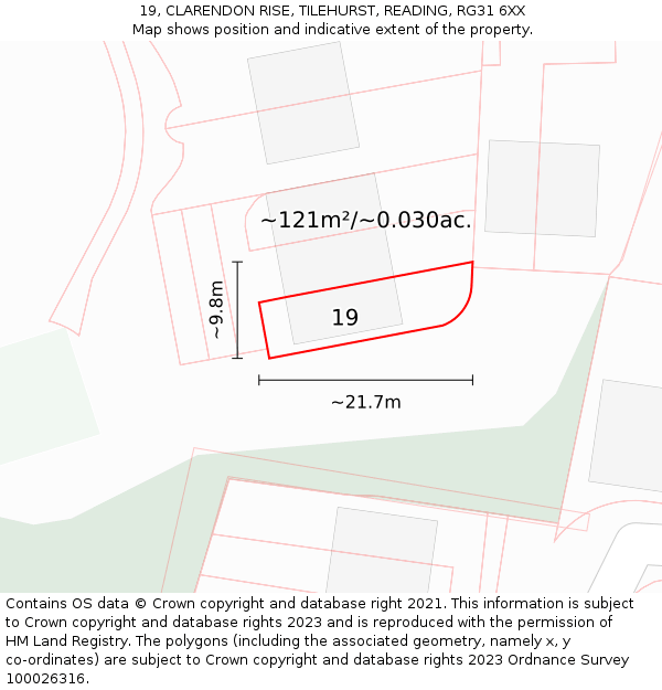 19, CLARENDON RISE, TILEHURST, READING, RG31 6XX: Plot and title map