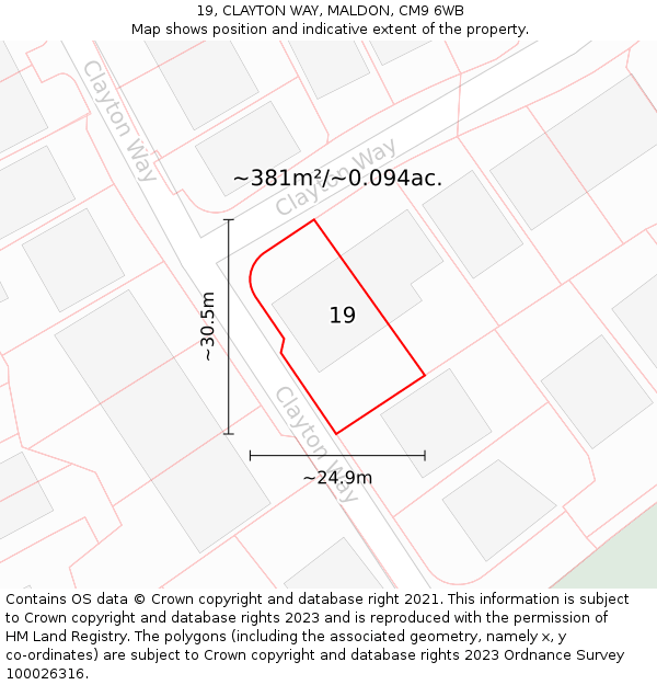 19, CLAYTON WAY, MALDON, CM9 6WB: Plot and title map