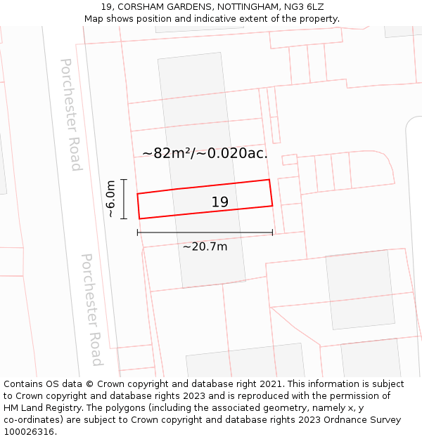 19, CORSHAM GARDENS, NOTTINGHAM, NG3 6LZ: Plot and title map