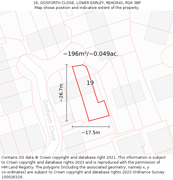 19, GOSFORTH CLOSE, LOWER EARLEY, READING, RG6 3BP: Plot and title map