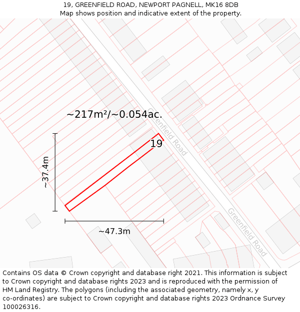 19, GREENFIELD ROAD, NEWPORT PAGNELL, MK16 8DB: Plot and title map
