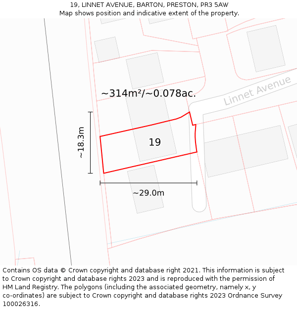 19, LINNET AVENUE, BARTON, PRESTON, PR3 5AW: Plot and title map