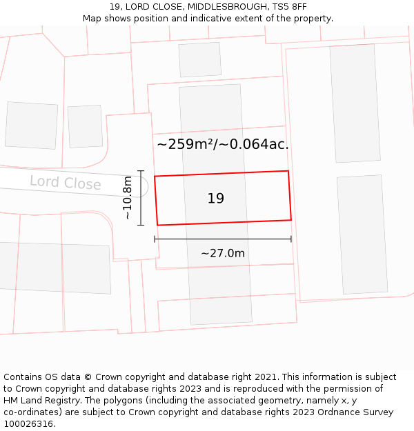 19, LORD CLOSE, MIDDLESBROUGH, TS5 8FF: Plot and title map