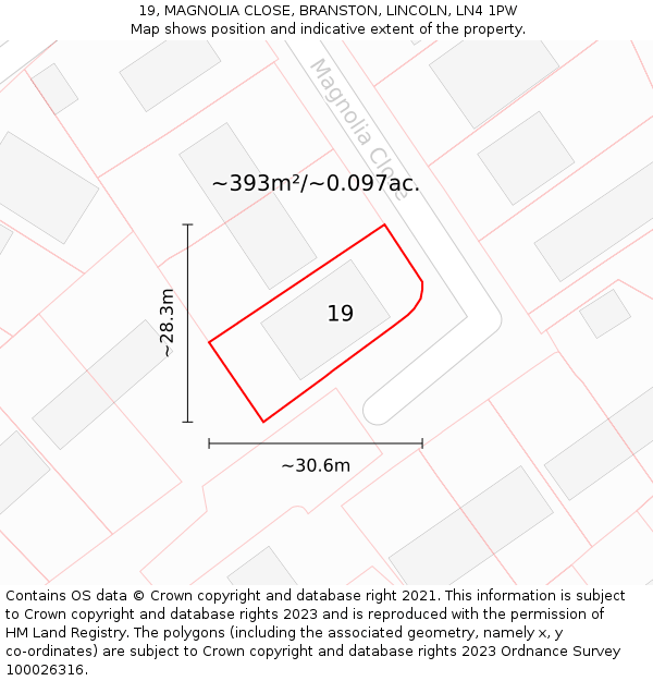 19, MAGNOLIA CLOSE, BRANSTON, LINCOLN, LN4 1PW: Plot and title map