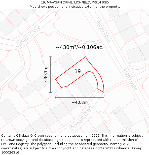 19, MAWGAN DRIVE, LICHFIELD, WS14 9SD: Plot and title map
