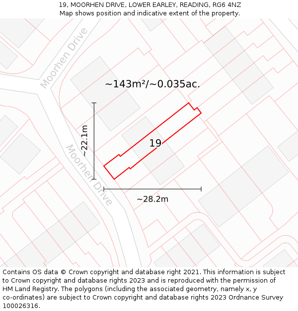 19, MOORHEN DRIVE, LOWER EARLEY, READING, RG6 4NZ: Plot and title map