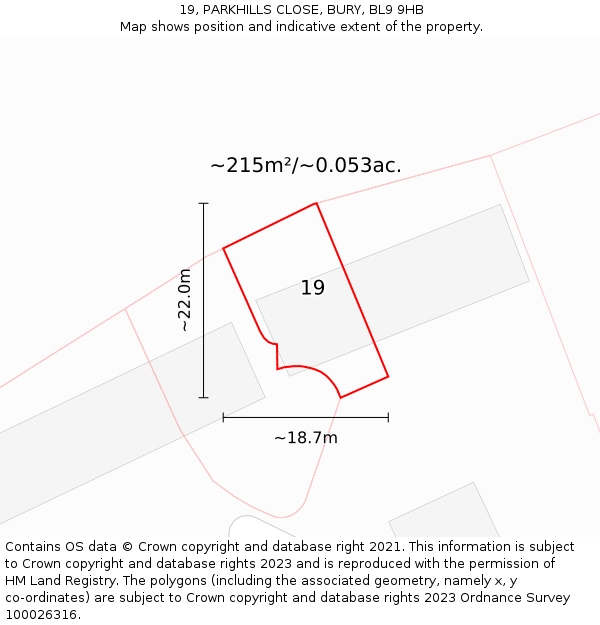 19, PARKHILLS CLOSE, BURY, BL9 9HB: Plot and title map