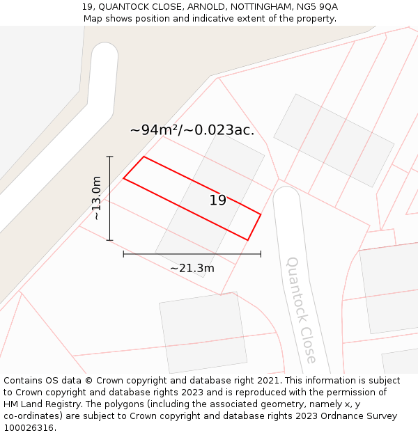 19, QUANTOCK CLOSE, ARNOLD, NOTTINGHAM, NG5 9QA: Plot and title map
