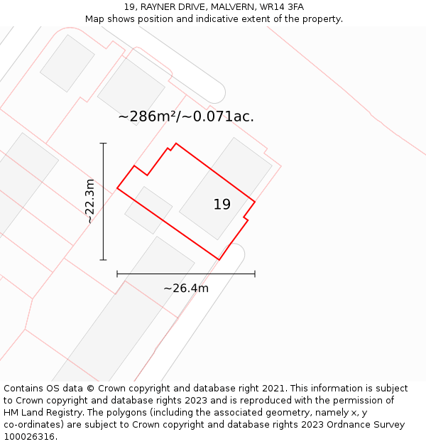 19, RAYNER DRIVE, MALVERN, WR14 3FA: Plot and title map