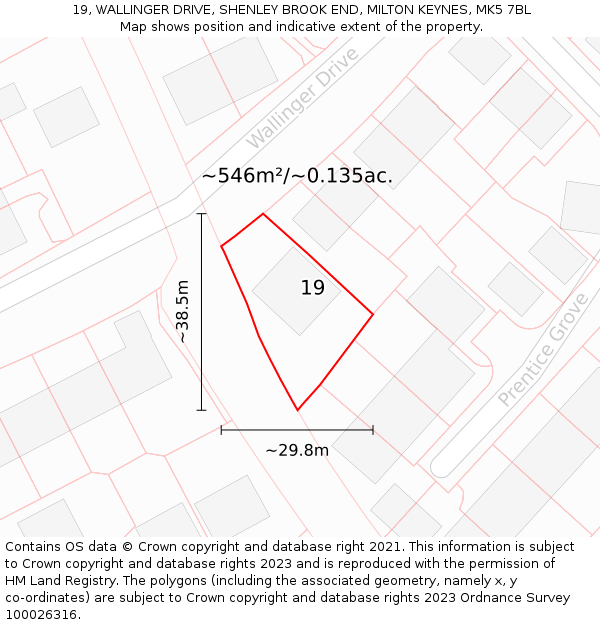 19, WALLINGER DRIVE, SHENLEY BROOK END, MILTON KEYNES, MK5 7BL: Plot and title map