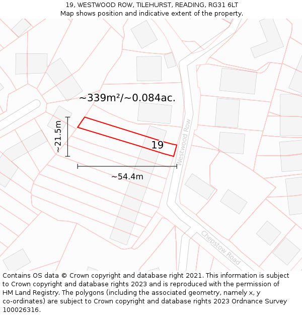 19, WESTWOOD ROW, TILEHURST, READING, RG31 6LT: Plot and title map