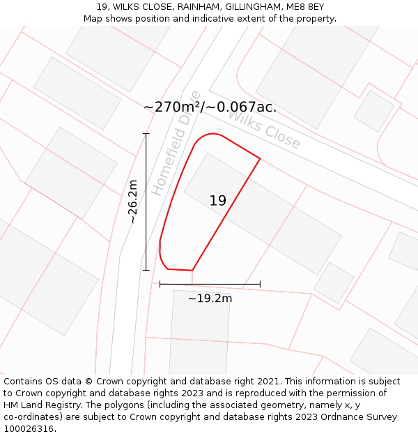 19, WILKS CLOSE, RAINHAM, GILLINGHAM, ME8 8EY: Plot and title map