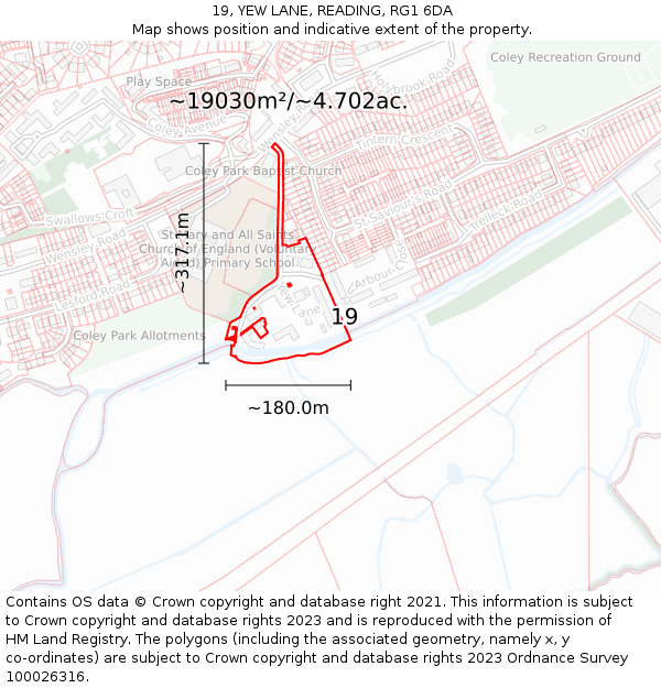 19, YEW LANE, READING, RG1 6DA: Plot and title map