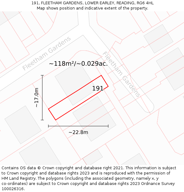 191, FLEETHAM GARDENS, LOWER EARLEY, READING, RG6 4HL: Plot and title map