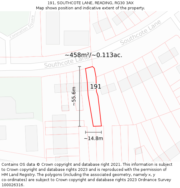 191, SOUTHCOTE LANE, READING, RG30 3AX: Plot and title map