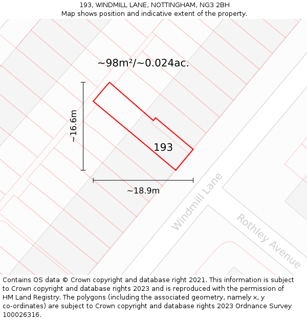 193, WINDMILL LANE, NOTTINGHAM, NG3 2BH: Plot and title map