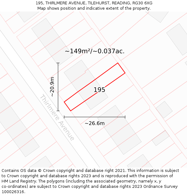 195, THIRLMERE AVENUE, TILEHURST, READING, RG30 6XG: Plot and title map