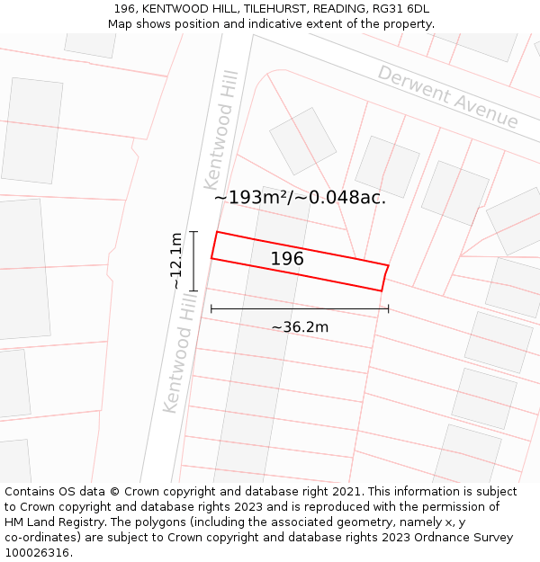 196, KENTWOOD HILL, TILEHURST, READING, RG31 6DL: Plot and title map