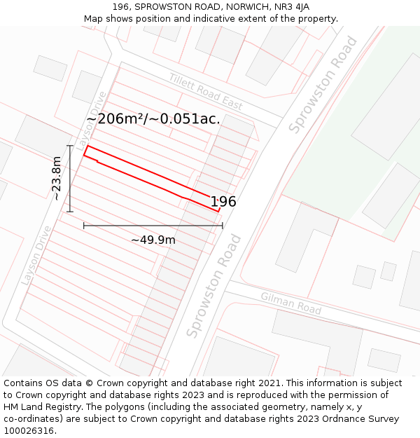 196, SPROWSTON ROAD, NORWICH, NR3 4JA: Plot and title map
