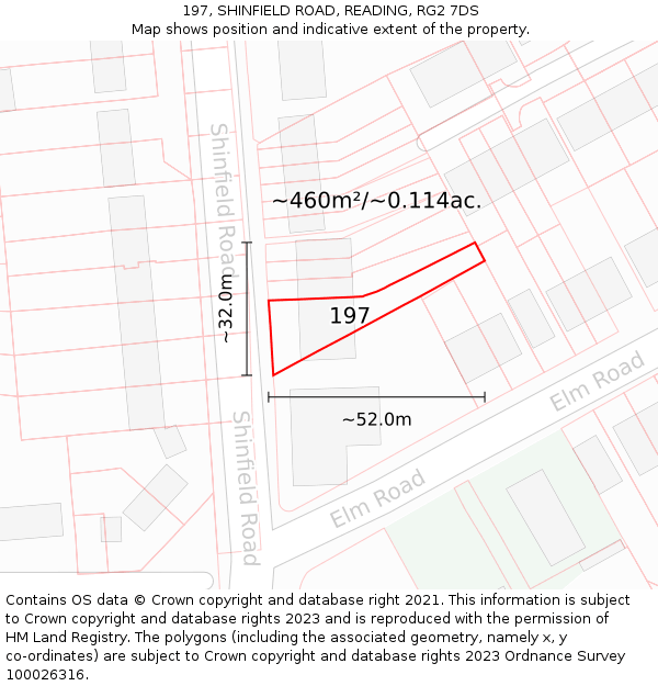 197, SHINFIELD ROAD, READING, RG2 7DS: Plot and title map