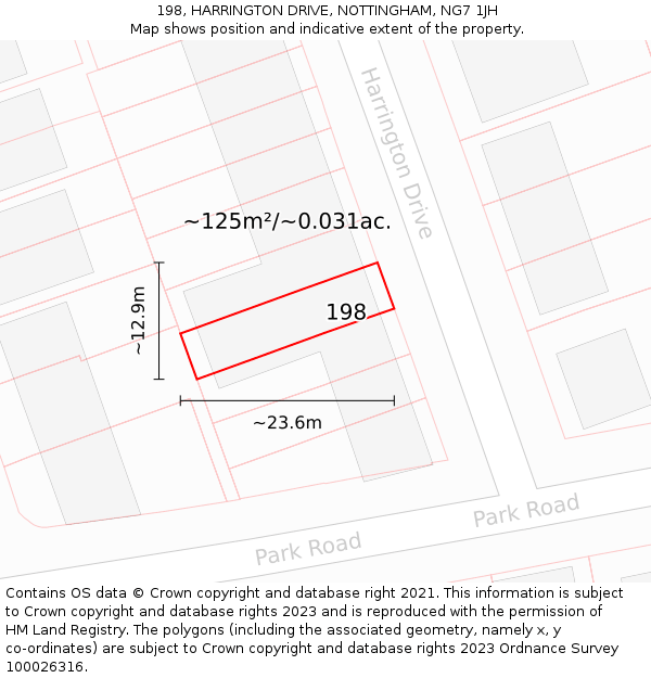 198, HARRINGTON DRIVE, NOTTINGHAM, NG7 1JH: Plot and title map