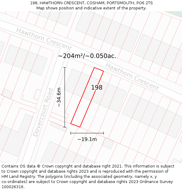 198, HAWTHORN CRESCENT, COSHAM, PORTSMOUTH, PO6 2TS: Plot and title map