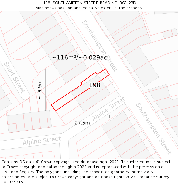198, SOUTHAMPTON STREET, READING, RG1 2RD: Plot and title map