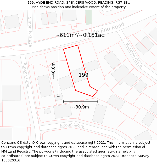 199, HYDE END ROAD, SPENCERS WOOD, READING, RG7 1BU: Plot and title map